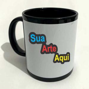 Caneca Preta Personalizada | Tarja Branca Porcelana 325ml Personalização 9x20 cm Impressão Colorida   